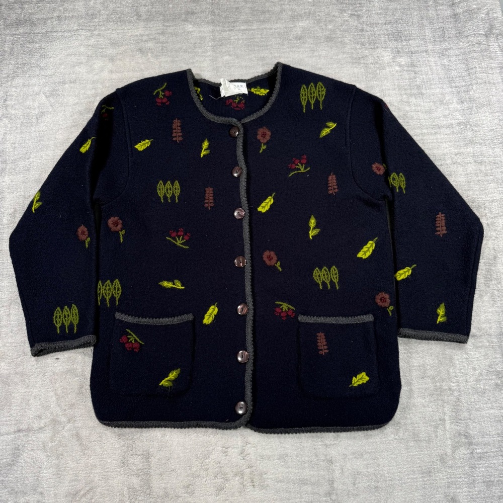Rainbow Bridge Sweater Women Small Navy Blue Embroidered Leaf Nature Cardigan